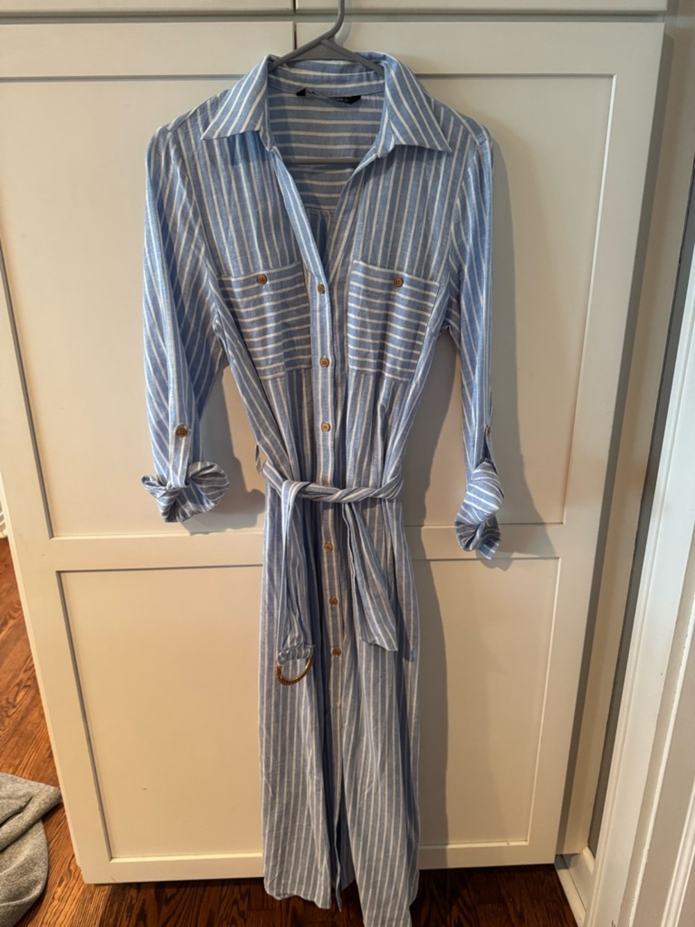 Zara Blue and White Striped Long Sleeve Shirt Dress